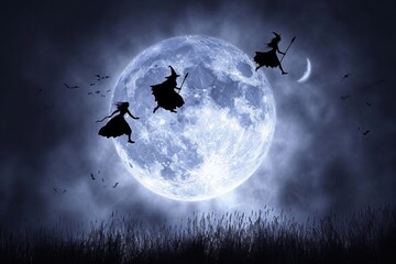 Three witches are flying in front of a full moon, casting a spell as they traverse the night sky, Flying witches silhouetted against a full moon, AI Generated