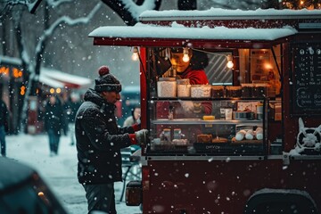 A man stands in front of a vibrant food truck, serving delicious tacos to customers, Food truck at a winter market selling hot chocolate and marshmallows, AI Generated - Powered by Adobe
