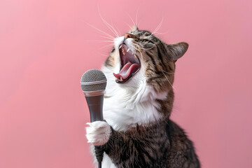 Cute cat sing a song and holding microphone isolated on pastel background studio.