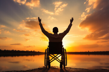 Disabled person in a wheelchair stretches out his arms at sunset