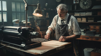 Man sets type in an old print shop - obrazy, fototapety, plakaty