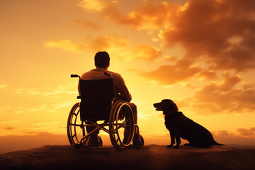 Disabled person sitting in a wheelchair with his dog at sunset