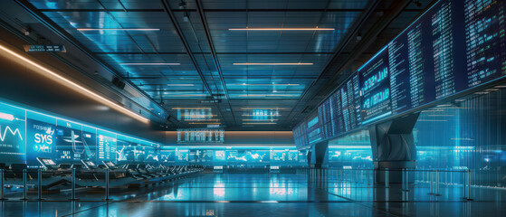 Futuristic airport terminal with departure boards and architecture