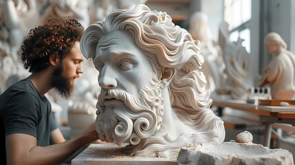 A sculptor in a workshop, using a 3D modeling software to design intricate sculptures before bringing them to life with a 3D printer - obrazy, fototapety, plakaty