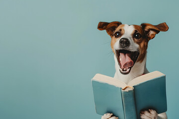 Funny cute dog reading book isolated on pastel background.
