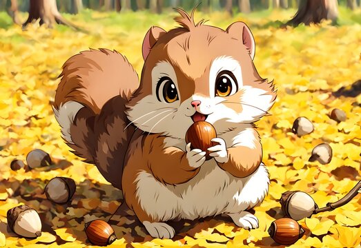 adorable squirrel eating acorns