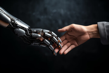 Hand greeting with artificial intelligence, robot hand and human hand touching each other. Technology meets humanity background