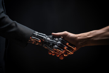 hand greeting with artificial intelligence AI, robot hand and human hand touching each other