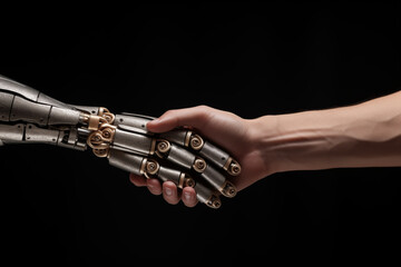 hand greeting with artificial intelligence, robot hand and human hand touching each other