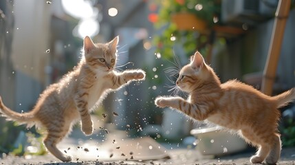 Two Playful Orange Kittens in Confetti-Filled Street - obrazy, fototapety, plakaty