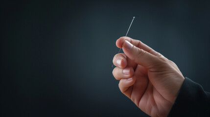 Hand holds acupuncture needle with copy space