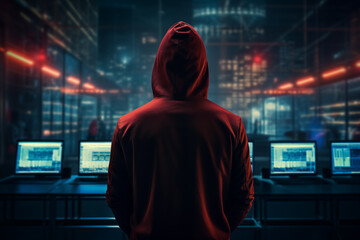 dangerous hooded hacker breaks into data servers and infects their system with a virus.