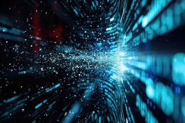 A visually striking abstract background featuring a combination of blue and black colors and stars, Fragments of binary code creating a shattered illusion, AI Generated