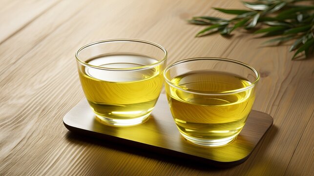 Cups of green tea on table on wooden background