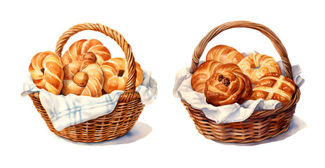 Pastries in the basket, watercolor clipart illustration with isolated background.