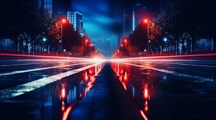 Dark street, reflection of neon light on wet asphalt. Rays of light and red laser light in the dark. Night view of the street, the city. Abstract dark blue background