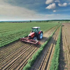 Obraz premium View from above of a large plot of cultivated land on which a farm machine is working, leaving its mark behind.
