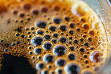 This close-up photograph showcases a blender filled with liquid being blended, capturing the swirling motion and vibrant colors of the mixture, Freshly brewed coffee bubbles close-up, AI Generated - obrazy, fototapety, plakaty