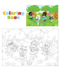 Coloring page. Girls and boys are looking for Easter eggs and flowers. Illustration in cartoon style.