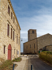 View of the back of the Church of the Conversion of Saint Paul and the City Hall, medieval city of Riverie, France