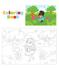 Coloring page. The girl stands in the middle of the meadow and holds flowers in her hands. Illustration in cartoon style.
