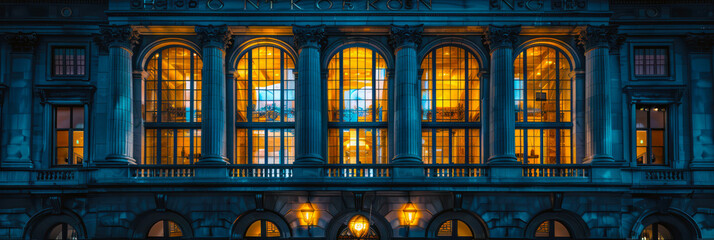 Illuminated neoclassical building facade at night in the city