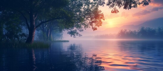 Obraz premium Tranquil lake surrounded by lush green trees and reflecting water surface in the foreground