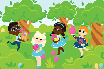 Girls and boys are looking for Easter eggs and flowers. Illustration in cartoon style.