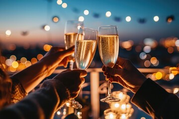 A group of people joyfully toasting with glasses of champagne to celebrate a special occasion, Friends toasting champagne glasses on the rooftop under the night sky, AI Generated - obrazy, fototapety, plakaty