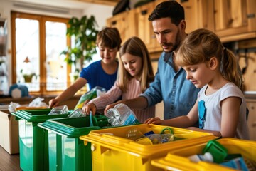 Family engaging in recycling, with an adult and children sorting waste into colorful bins, emphasizing the concept of environmental education.