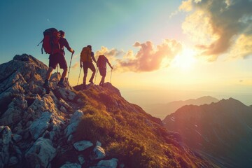 A diverse group of individuals embarking on a challenging hike as they ascend the steep slopes of a mountain, Friends showing strength and resolution during a challenging mountain hike, AI Generated - obrazy, fototapety, plakaty