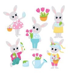 Easter set. Easter bunnies boys and girls with flowers and decorative eggs. The animals are dressed up, coloring eggs and smiling happily.