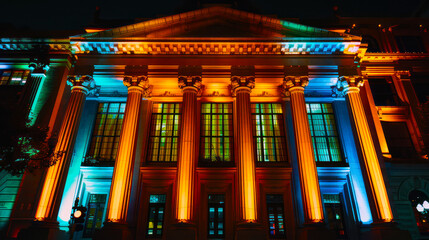 Illuminated neoclassical building facade at night in the city