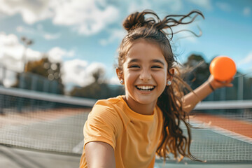 Joyful girl playing tennis or pickleball with orange ball. Smiling child in active tennis play outdoors. Young pickleball player with ball at net in sunlight