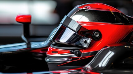 A Formula 1 pilot in a helmet before start of the race. Focused and determined, ready to conquer the race.