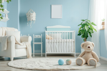 Cozy nursery room with pastel blue walls, a white crib and rocking chair, a plush teddy bear, and a potted plant creating a serene atmosphere.