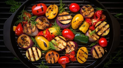 Fotobehang Grilled vegetables in a cast iron grilling pan, view from above © Elchin Abilov