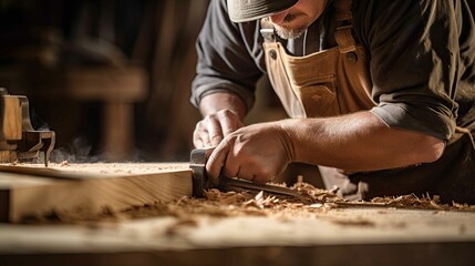 carpenter's hands carving wood - obrazy, fototapety, plakaty