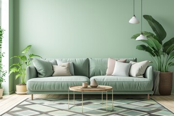 Minimalist living room with a soft pastel green theme, featuring a sleek sofa, geometric patterned rug, and a large potted banana plant. Place for text - obrazy, fototapety, plakaty