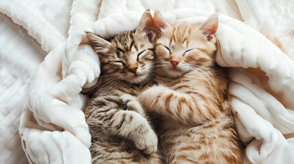 Lovely cat couple sleep together hug on white fluffy bed