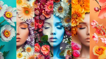 group of beautiful women models made up with artistic flower theme with colorful background in private studio in high resolution and high quality