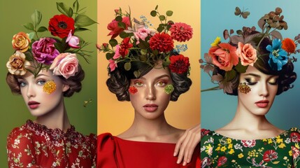 group of beautiful women models made up with artistic flower theme