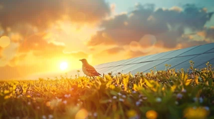 Poster A bird perches serenely among wildflowers as the sunrise bathes the landscape in a golden glow, with solar panels in the background symbolizing harmony with nature. © Sodapeaw
