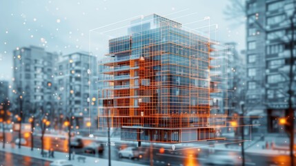 A digital overlay showcases the architectural blueprint of a modern multi-story building amidst a bustling city environment, under a snowy sky.
