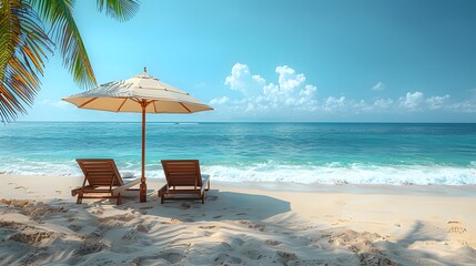 lounge chairs on the beach, beach scene with two lounge chairs and an umbrella set up on the beach