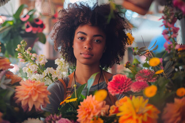 Florist among vibrant flowers in a colorful floral shop