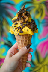 female Hand holding strawberry ice cream cone