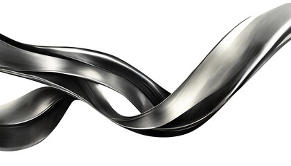 Abstract fluid metal bent form. Metallic shiny curved wave in motion. Cut out design element steel texture effect. - 740888343