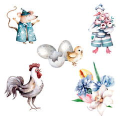 Easter animals. Goose, rooster, chickens, mouse, flowers. Happy Easter watercolor illustration - 740888521