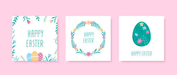 Happy Easter greeting cards set with hand drawn floral elements